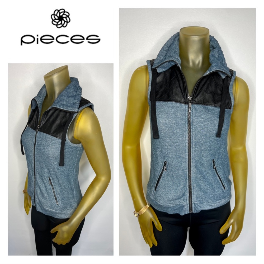 PIECES by KENSIE GRAY Blue Cotton Vest Black Faux Quilted Leather on Top XS